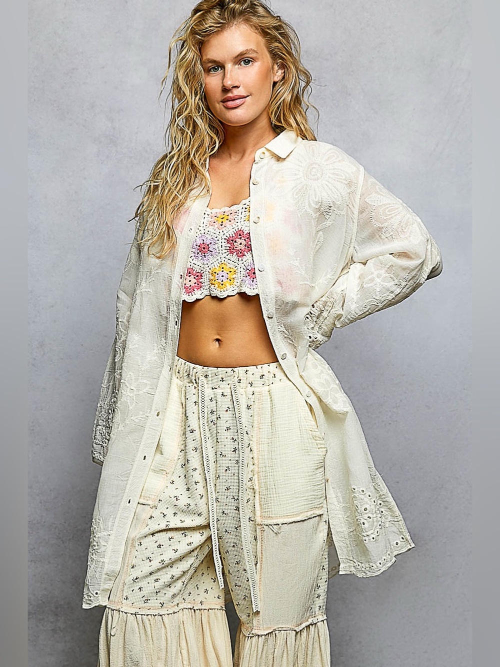 POL Ivory Sheer Button-Up Blouse Tunic S